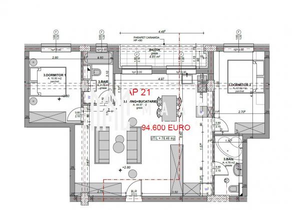 Direct Dezvoltator | Apartament 3 camere | Balcon | 77 mpu